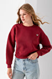 Kadın Bisiklet Yaka Kelebek Aksesuarlı 3İp Crop Sweatshirt Bordo - 2670