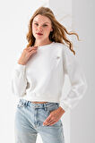Kadın Bisiklet Yaka Kelebek Aksesuarlı 3İp Crop Sweatshirt Beyaz - 2670