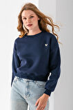 Kadın Bisiklet Yaka Kelebek Aksesuarlı 3İp Crop Sweatshirt Lacivert - 2670