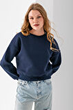 Kadın Bisiklet Yaka Kelebek Aksesuarlı 3İp Crop Sweatshirt Lacivert - 2670