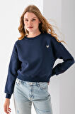 Kadın Bisiklet Yaka Kelebek Aksesuarlı 3İp Crop Sweatshirt Lacivert - 2670