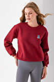 Kadın Bisiklet Yaka Taşlı Ayıcık Nakışlı 3İp Sweatshirt Bordo - 2625