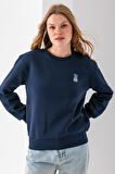 Kadın Bisiklet Yaka Taşlı Ayıcık Nakışlı 3İp Sweatshirt Lacivert - 2625