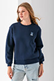 Kadın Bisiklet Yaka Taşlı Ayıcık Nakışlı 3İp Sweatshirt Lacivert - 2625