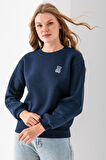 Kadın Bisiklet Yaka Taşlı Ayıcık Nakışlı 3İp Sweatshirt Lacivert - 2625