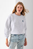 Kadın Bisiklet Yaka Taşlı Ayıcık Nakışlı 3İp Sweatshirt Gri - 2625