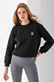Kadın Bisiklet Yaka Taşlı Ayıcık Nakışlı 3İp Sweatshirt Siyah - 2625