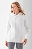 Kadın Kapüşonlu Basic 3İp Sweatshirt Beyaz - 2604