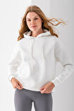 Kadın Kapüşonlu Basic 3İp Sweatshirt Beyaz - 2604