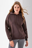 Kadın Kapüşonlu Basic 3İp Sweatshirt Kahverengi - 2604