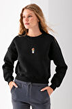 Kadın Bisiklet Yaka Gözlüklü Ayı Nakışlı 3İp Crop Sweatshirt Siyah - 2671