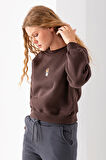 Kadın Bisiklet Yaka Gözlüklü Ayı Nakışlı 3İp Crop Sweatshirt Kahverengi - 2671