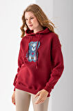 Kadın Kapüşonlu Kot Ayıcık Nakışlı 3İp Sweatshirt Bordo - 2621