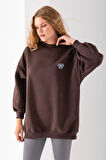 Kadın Bisiklet Yaka Fiyonk Kalp Nakışlı Oversize 3İp Sweatshirt Kahverengi - 2629