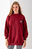 Kadın Bisiklet Yaka Fiyonk Kalp Nakışlı Oversize 3İp Sweatshirt Bordo - 2629