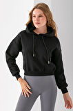 Kadın Kapüşonlu 3İp Şardonlu Crop Sweatshirt Siyah - 2612