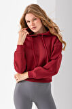 Kadın Kapüşonlu 3İp Şardonlu Crop Sweatshirt Bordo - 2612