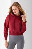 Kadın Kapüşonlu 3İp Şardonlu Crop Sweatshirt Bordo - 2612