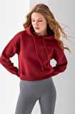 Kadın Kapüşonlu 3İp Şardonlu Crop Sweatshirt Bordo - 2612