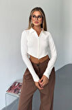 Kadın Polo Yaka Çift Fermuarlı Crop Sweatshirt Beyaz - 26K 1785