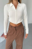 Kadın Polo Yaka Çift Fermuarlı Crop Sweatshirt Beyaz - 26K 1785