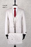 Slim Fit Sivri Yaka İki Düğme Çift Yırtmaç  Krem Rengi  Drop 6 Yelekli Takım Elbise