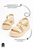 Günlük Kadın Sandalet Ayarlanabilir Tokalı Yüksek Kalın Topuklu Tırtıklı Tabanlı Bantlı 269