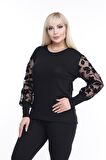 Flok Kol Büyük Beden Siyah Bluz 26A-2257