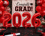 Folyo Balon Mezuniyet 2026 Yazısı Red Kırmızı Set 40 İnç 100 cm 4 Rakam Parti Süsü