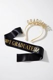 Mezuniyet Tacı ve Kuşağı Seti Altın Taşlı Lüks Taç Siyah Saten Kuşak Graduation
