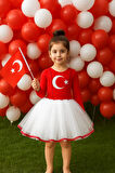 Türk Bayraklı Milli Bayramlar 6-7 Yaş Beyaz Tütülü Kırmızı Beyaz Kostüm