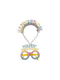 Plastik Happy Bırthday Yazılı Simli Taç ve Gözlük seti rainbow rengarenk 2 li Set