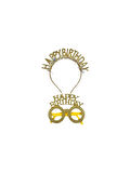 Plastik Happy Bırthday Yazılı Simli Taç ve Gözlük seti Gold-Altın renginde 2 li Set