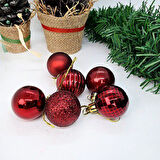 Koyu Kırmızı Yılbaşı Ağaç Top Süsü - Mat, Parlak, Simli, Aynalı, Çizgili, Sedefli - 6'lı Set, 4 cm
