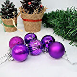 Mor Yılbaşı Ağaç Top Süsü - Mat, Parlak, Simli, Aynalı, Çizgili, Sedefli - 6'lı Set, 4 cm
