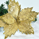 Yılbaşı Ponsetya Yapay Çiçek Simli Gold - 35 cm, 1 Adet