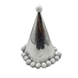 Parti Şapkası Ponponlu Hologramlı Gümüş Renkli Lüks Doğum günü-Yılbaşı Şapkası