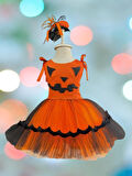 Halloween Cadılar Bayramına Özel Turuncu -Siyah Arkası Lastikli Tokalı Balkabağı Kız Kostümü