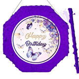 Kelebek Desenli Pinyata Mor renkli Happy Birthday yazılı  Sopalı 42 cm Doğum Günü Eğlencesi ve Parti Oyunu