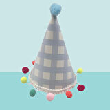 Parti Şapkası Ponponlu Ekoseli Mavi model  17cm Küçük Doğum Günü Şapkası