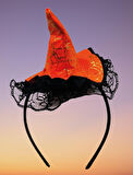 Halloween Cadılar Bayramı Taç  Mini Cadı Şapkası Şeklinde Tüllü Turuncu-Siyah  Varaklı Örümcek Ağı Desenli    
