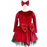 5–7 Yaş Kadife Kırmızı Fiyonklu Yeşil Tüllü Lüks Yılbaşı Çocuk Kostümü