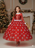 11–12 Yaş – Uzun Kol Pullu Simli Kırmızı Kartanesi Frozen Yılbaşı Balo Kostüm Elbise