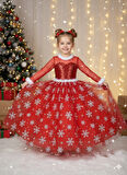 4–5 Yaş – Uzun Kol Pullu Simli Kırmızı Kartanesi Frozen Yılbaşı Balo Kostüm Elbise