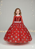 4–5 Yaş – Uzun Kol Pullu Simli Kırmızı Kartanesi Frozen Yılbaşı Balo Kostüm Elbise