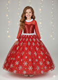 5–6 Yaş – Uzun Kol Pullu Simli Kırmızı Kartanesi Frozen Yılbaşı Balo Kostüm Elbise