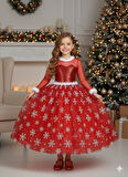 5–6 Yaş – Uzun Kol Pullu Simli Kırmızı Kartanesi Frozen Yılbaşı Balo Kostüm Elbise