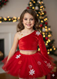 7–8 Yaş – Kırmızı Tütü Etek Kadife Tek Omuz Crop Üst Kristal Taş Hediyeli Yılbaşı Parti Kostümü
