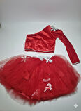 7–8 Yaş – Kırmızı Tütü Etek Kadife Tek Omuz Crop Üst Kristal Taş Hediyeli Yılbaşı Parti Kostümü