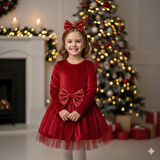 5–8 Yaş Kırmızı Kadife Pullu Fiyonklu Yılbaşı Özel Kostümü – Toka Hediyeli